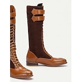 baratos anos 1930-botas femininas de camurça sintética bordô e couro sintético preto com cadarço na altura do joelho – design de inspiração vintage com tiras de fivela dupla, perfeitas para uso casual e formal