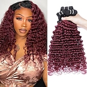cheap 3 Bundles Human Hair Weaves-T1B/99J Burgundy Human Hair Deep Wave 3 Bundles Of Color Hair Curtain Hair Extension