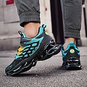 cheap Men's Running Shoes-Men's Blue Athletic Sneakers with Unique Hollow Sole Design, Breathable Knit Upper, and Flame Detail – Lightweight Running Shoes with Orange Accents