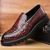 abordables Semi-formel-Mocassins en similicuir marron à motif crocodile pour hommes avec double boucle et semelle robuste – chaussures habillées haut de gamme pour les occasions formelles et décontractées