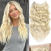cheap Clip in Extensions-Invisible Wire Hair Extensions  Secret Hair Extensions with Adjustable 4 Clips Soft Transparent Lace Natural Long Wavy Hair Extensions for Women