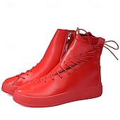 cheap Ankle Boots-Men&#039;s Red Faux Leather High-Top Boots with Side Zipper and Lace-Up Design – Stylish Casual Footwear for Fall and Winter