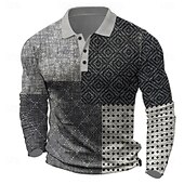voordelige Color Block Polo voor heren-Voor heren Ruitjes Wafel Poloshirts Golfshirt Lange mouw Poloshirt Overhemden met kraag Vintage Casual Vakantiekleding Formele kleding Festivalkleding Knop 3D-afdrukken Lente Herfst Winter Zwart