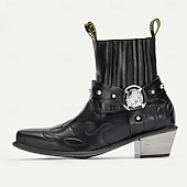 tanie Buty motocyklowe-męskie czarne skórzane buty motocyklowe ze sztucznym futerkiem z haftem płomienistym i metalową klamrą – botki w stylu western dla motocyklistów, którzy cenią sobie modę i swobodny styl