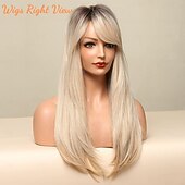 economico Parrucche trendy sintetiche-parrucca bionda lunga con frangia - parrucche bionde con radice scura ombré per donne bianche, capelli sintetici lisci e ondulati resistenti al calore, parrucche naturali carine per