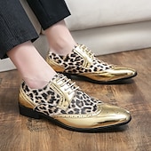 economico Formale-scarpe oxford da uomo con stampa leopardata dorata – design audace in vernice con dettagli brogue per feste e spettacoli teatrali