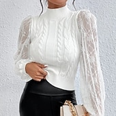 voordelige Effen kleuren-Dames Trui Elegant Modieus Dagelijks Effen Kleur Kabel Strakke ronde hals Kant Uitlopende mouw Lange mouw Normale tops breien Werk Wit Herfst Winter