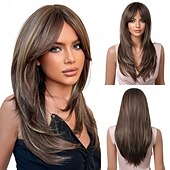 baratos Perucas Sintéticas sem Touca-perucas longas de cabelo sintético em camadas para mulheres com franja