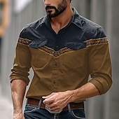 preiswerte Westernhemden für Herren-Herren Farbblock Westernhemd Knopfhemd Cowboy-Shirt Langarm Vintage Western Alltagskleidung Frühling Herbst Winter Umlegekragen Hemden mit Kragen 3D-Druck Braun