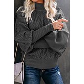 billige Solide farger-Dame Genser Elegant Mote Daglig Geometrisk Mock Neck Strikket Langermet Lange topper Strikke Arbeid Sjokkrosa Rød Høst Vinter