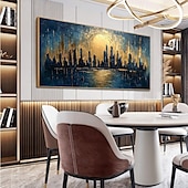 お買い得  風景画-キャンバスに描かれた手作りのオリジナル都市建築油絵。抽象的なテクスチャの都市建築の壁アート。室内装飾用。枠付き/内枠なし。