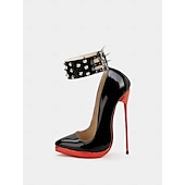 cheap Stiletto Heels-Women&#039;s Black Patent Leather Platform Stiletto Heels with Red Sole, Studded Spiked Ankle Straps, Sexy High Heels for Night Out, Parties, and Clubwear