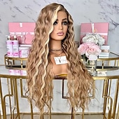 voordelige Pruiken van echt haar, met kanten voorzijde-Onverwerkt maagd haar 4x13 Sluiting Pruik Middelste stuk Braziliaans haar Golvend Blond Meerkleurig Pruik 130% 150% Haardichtheid Glad Haar met highlights / balayage Natuurlijke haarlijn Voor Dames