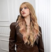 cheap Synthetic Trendy Wigs-Synthetic Wig Curly Wavy Neat Bang With Bangs Machine Made Wig 26 inch Gold Pink Synthetic Hair Women&#039;s Cute Cosplay Party Blonde