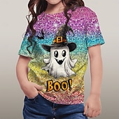 voordelige Halloweenkostuums voor meisjes-Halloween Voor meisjes 3D Grafisch Geest T-shirt Korte mouw Zomer Lente Modieus Basic Polyester Kinderen 4-12 jaar Strakke ronde hals Buiten Casual Dagelijks Normale pasvorm
