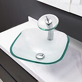 cheap Vessel Sinks-Bathroom Artistic Glass Vessel Sink with Waterfall Basin Faucet and Pop-up Drain Bathroom Sinks Above Counter Vanity Countertop Sink Bowl
