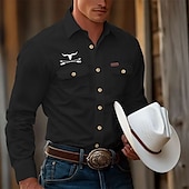 cheap Men&#039;s Western Shirts-Men&#039;s Cow Work Shirt Western Shirt Cargo Shirt Long Sleeve Casual Tactical Sports &amp; Outdoor Going out Winter Spring &amp;  Fall Turndown Print Black White Khaki
