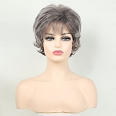 abordables perruque plus âgée-perruques de lutin bouclées grises pour femmes blanches cheveux blancs courts et duveteux avec frange perruque synthétique naturelle résistante à la chaleur