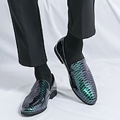 cheap Semi-Formal-Men&#039;s Snakeskin Print Loafers – Stylish Green and Black Glossy Slip-On Shoes with Modern Design, Perfect for Formal and Semi-Formal Occasions