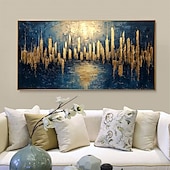 お買い得  風景画-キャンバスに描かれた手作りのオリジナル都市建築油絵。抽象的なテクスチャの都市建築の壁アート。室内装飾用。枠付き/内枠なし。