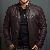 abordables Veste cuir homme-Homme Veste en Similicuir Veste de transition Veste moto Veste en cuir rouge Vacances Quotidien Coupe-vent Chaud Avec Poches Automne &amp; Hiver Uni Mode Classique Col montant Régulier Similicuir Noir