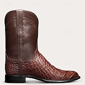 levne Cowboy &amp; Western Boots-pánské hnědé westernové kovbojské boty s krokodýlím potiskem z umělé kůže - vintage styl, ideální pro outdoorové i běžné nošení