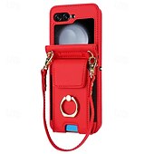 cheap Samsung Cases-Phone Case For Samsung Galaxy Z Flip 7 Z Flip 6 Z Flip 5 Z Flip 4 Z Flip 3 Back Cover Ring Holder with Lanyard with Wrist Strap Retro TPU PU Leather
