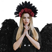 billiga Halloween-tillbehör-svart fjäder och röd ros blommigt pannband för kvinnor – gotisk blommig krona för halloween, kostymfester och festivaler