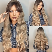 economico Parrucche trendy sintetiche-parrucche lunghe con radici scure, parrucca sintetica ondulata e sciolta con frangia per le donne, per feste quotidiane e cosplay