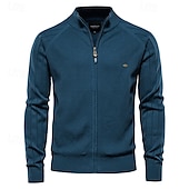 cheap Men&#039;s Elite Sweaters &amp; Cardigans-Men&#039;s Cardigan Sweater Ribbed Cable Knit Jacquard Zipper Solid Color Turndown Knitwear Neutral Outdoor Causal Clothing Apparel T-shirt Sleeve Winter Spring &amp;  Fall Black Navy Blue S M L