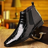 baratos Botas do Chelsea-Botas chelsea masculinas pretas com padrão de crocodilo em couro sintético - elegantes botas de cano curto sem cadarço para uso formal e profissional