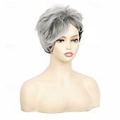 baratos peruca mais velha-perucas curtas cinza para mulheres brancas perucas cinza com corte pixie com franja perucas de cabelo sintético cacheado natural perucas femininas curtas em camadas