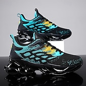 cheap Men's Running Shoes-Men's Blue Athletic Sneakers with Unique Hollow Sole Design, Breathable Knit Upper, and Flame Detail – Lightweight Running Shoes with Orange Accents