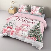 お買い得  クリスマスの寝室-クリスマス用掛け布団カバーセット。雪だるまデザインのピンク。クリスマスのお祝いのホリデー寝具には、掛け布団カバーと枕カバーが含まれており、寝室に気まぐれな季節感を加えるのに最適です。