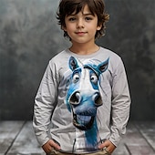 billiga Pojkens 3D-djur-Pojkar 3D Grafisk Djur Häst T-shirt Långärmad Vår Höst Mode Grundläggande Barn 4-12 år Rund hals Utomhus Ledigt Dagligen Normal