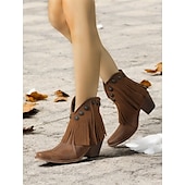 abordables Cowboy y botas occidentales-Botines estilo western con flecos negros y detalles tachonados para mujer: botines de vaquera de estilo vintage para uso informal y festivo