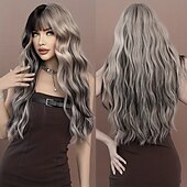 abordables Perruques Synthétiques Sans Bonnet-perruque de cheveux longs ondulés avec frange pour femmes perruques ombrées de fête quotidienne en fibre synthétique résistante à la chaleur