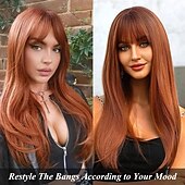 cheap Synthetic Trendy Wigs-Megan Fox Inspired Wigs Auburn Wigs for Women Layered Wig with Bangs Long Straight Hair Wig Copper Brown Wigs Natural Synthetic Hair Heat Resistant Wigs for Daily Party Cosplay Use