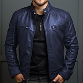 abordables Veste cuir homme-Homme Veste en Similicuir Veste de transition Veste moto Veste en cuir rouge Vacances Quotidien Coupe-vent Chaud Avec Poches Automne &amp; Hiver Uni Mode Classique Col montant Régulier Similicuir Noir
