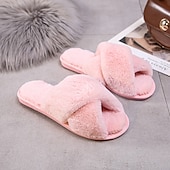 cheap Home Slippers-Women&#039;s Fuzzy Cross Band Slippers Memory Foam Home House Shoes with Open Toe Comfortable