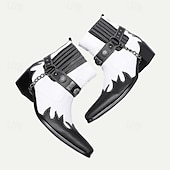 cheap Premium Leather Boots-Men&#039;s Premium Cowhide Black and White Motorcycle Boots with Studded Strap, Chain Detail, and Western Style – Perfect for Riding and Casual Wear