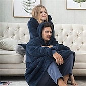 رخيصةأون بطانية يمكن ارتداؤها-بطانية هودي كبيرة الحجم من الصوف الناعم قابلة للارتداء، سترة خفيفة الوزن بأكمام وجيب أمامي للنساء والرجال، بطانية ملفوفة من القطيفة يمكن ارتداؤها للاسترخاء ومشاهدة التلفزيون