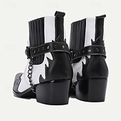 cheap Premium Leather Boots-Men&#039;s Premium Cowhide Black and White Motorcycle Boots with Studded Strap, Chain Detail, and Western Style – Perfect for Riding and Casual Wear