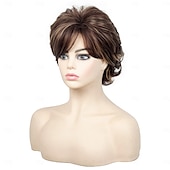 economico parrucca più vecchia-parrucche corte marroni per donne bianche, parrucca marrone con frangia, parrucche corte e ricce pixie cut, affascinanti parrucche sintetiche ondulate a strati per vecchie signore
