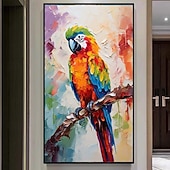 abordables Pinturas de animales-Pintura de loro con espátula grande, pintura al óleo de animales con textura abstracta hecha a mano de gran tamaño, arte de pared, hermosa pintura de pájaros, decoración de pared de sala de estar,