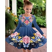 cheap 3D Flower Dress-Easter Girls&#039; 3D Rose Graphic Dress Long Sleeve Summer Spring Vacation Daily Holiday Princess Beautiful Sweet Kids 4-12 Years Casual Dress A Line Dress Knee-length Regular Fit
