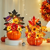 baratos Guirlandas de Halloween e Decorações Florais-enfeite de mesa de outono de Halloween com abóbora falsa, folhas de bordo e luz LED para o festival da colheita de outono, decoração de cena assustadora de Halloween para casa e festa de outono