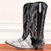 abordables Cowboy et bottes occidentales-bottes de cowboy western pour hommes – similicuir noir avec accents d&#039;imprimé serpent, détails brodés et talon bottier, parfaites pour le rodéo, les événements country et les tenues décontractées