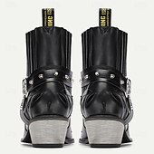 tanie Buty motocyklowe-męskie czarne skórzane buty motocyklowe ze sztucznym futerkiem z haftem płomienistym i metalową klamrą – botki w stylu western dla motocyklistów, którzy cenią sobie modę i swobodny styl