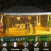 abordables Guirlandes solaires-Rideau lumineux solaire d&#039;extérieur avec télécommande, 8 modes d&#039;éclairage, guirlande lumineuse 3 x 3 m, 300 LED, étanche IP65, pour Noël, fête, mariage, maison, jardin, mur, salon, chambre à coucher,
